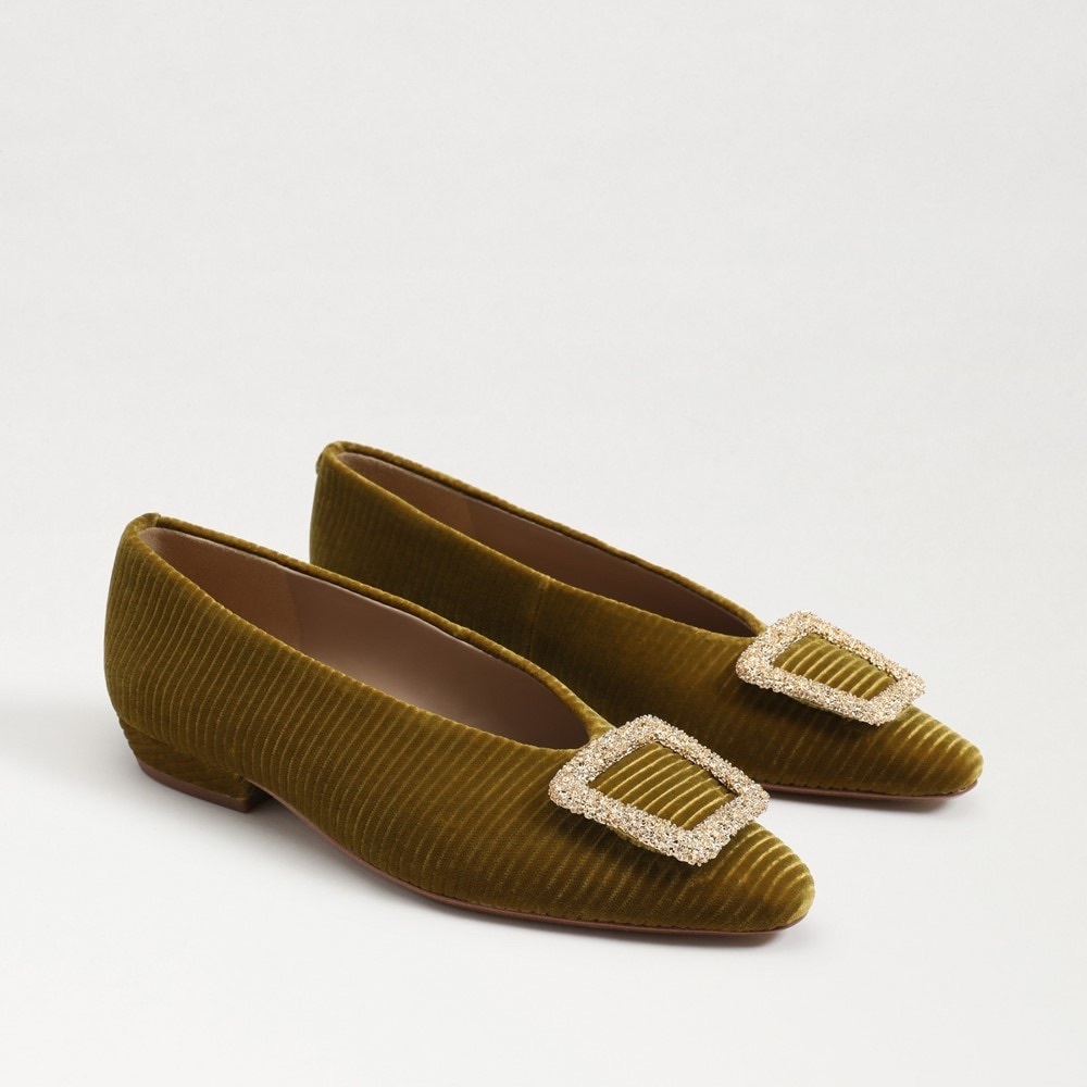 Sam Edelman Olive Green Velvet Flats with Gold Buckle
